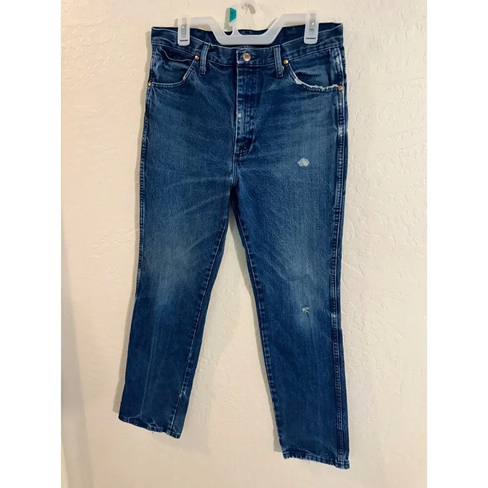 Y Wrangler Dark Wash Distressed Style Straight Leg Jeans